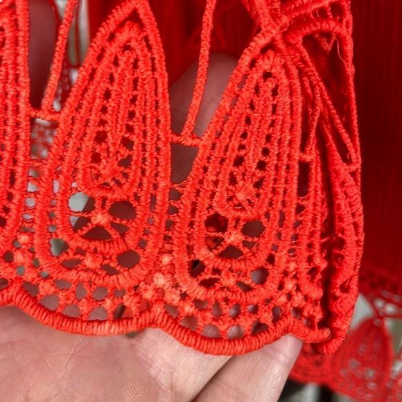 Cato Bright Orange Gauze Embroidered Lace Trim Tie Neck Top S - Picture 6 of 9